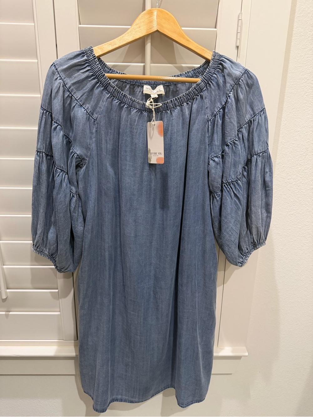 Before You with Love Chambray Off-Shoulder Midi Dress in Light Blue